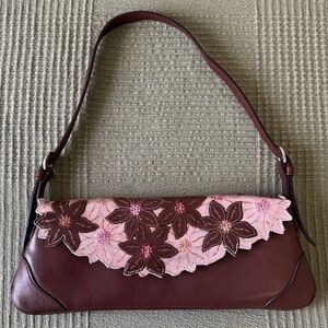 *SOLD* Vintage Pedro Miralles Leather Shoulder Baguette Bag Y2K Floral Brown & P